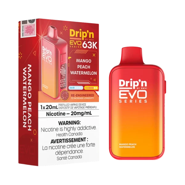 Drip’n Evo 63,000 puff disposable vape with triple-mode firing (Eco, Normal, Boost), 20mL capacity, and digital display; available for Calgary delivery.