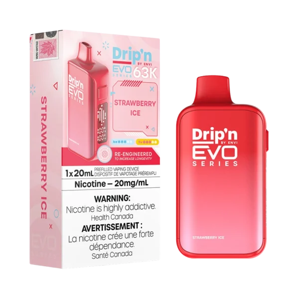 Drip’n Evo 63,000 puff disposable vape with triple-mode firing (Eco, Normal, Boost), 20mL capacity, and digital display; available for Calgary delivery.
