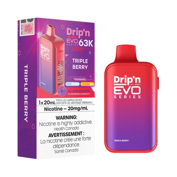 Drip’n Evo 63,000 puff disposable vape with triple-mode firing (Eco, Normal, Boost), 20mL capacity, and digital display; available for Calgary delivery.