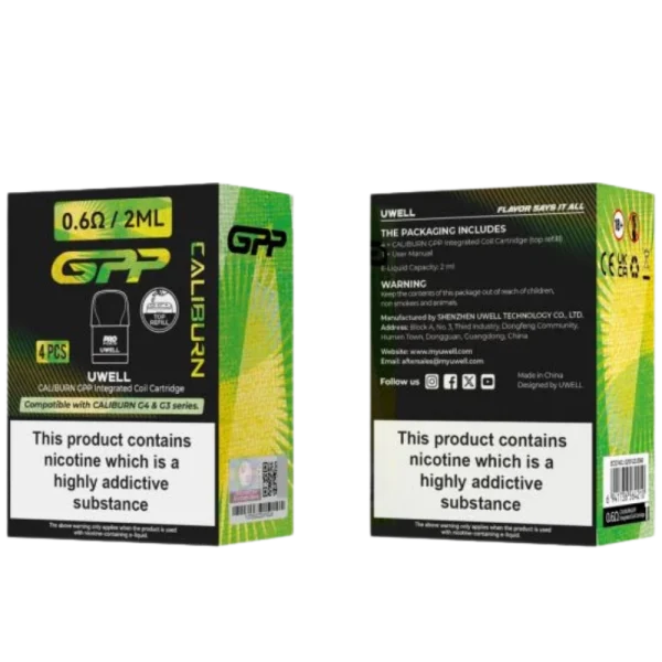 Uwell Caliburn GPP 2mL replacement pods 4-pack compatible with G3 and G4 devices; available for Calgary delivery and Calgary vape delivery.